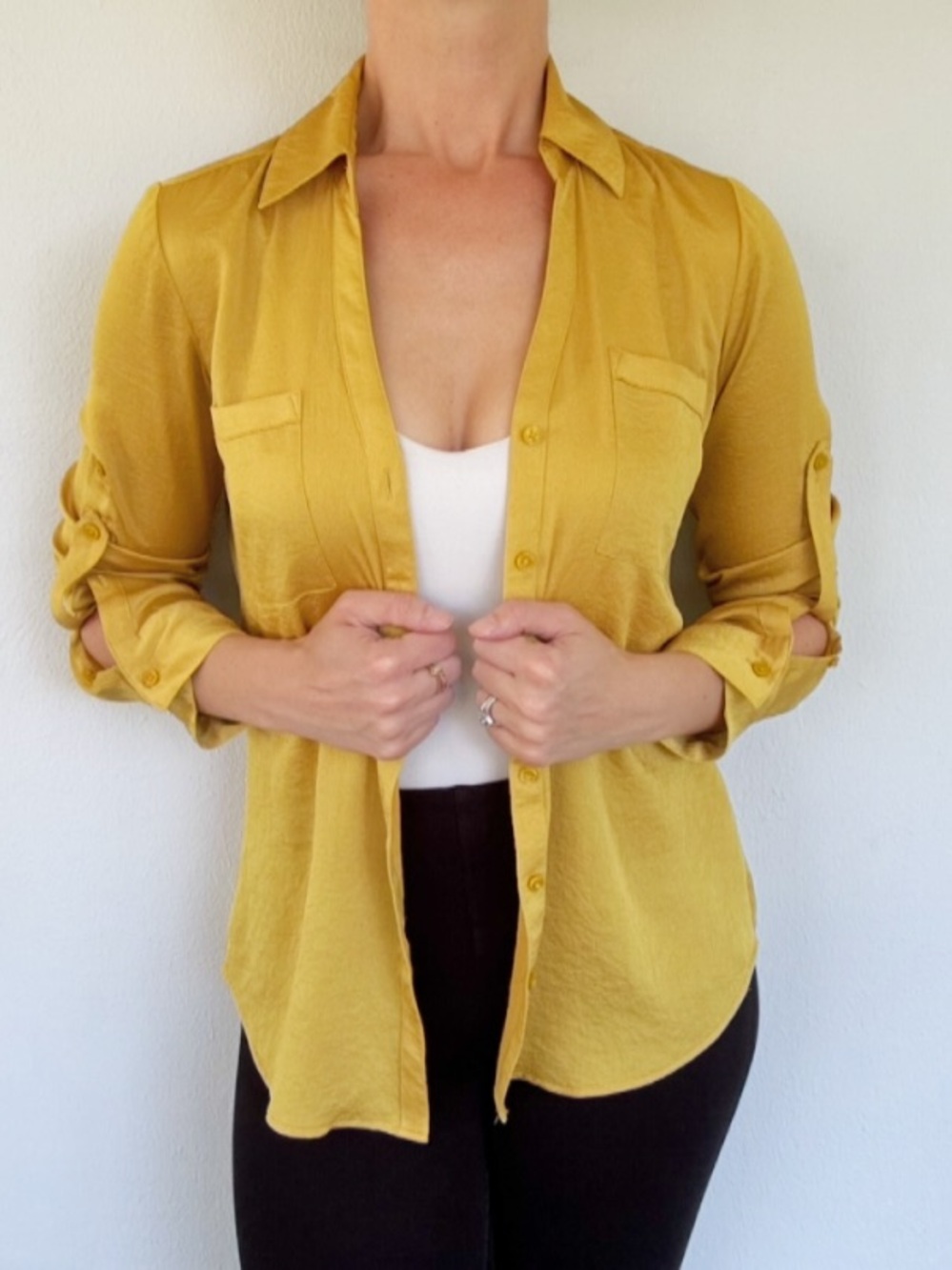 Express Portofino gold satin collared long sleeve button down blouse small